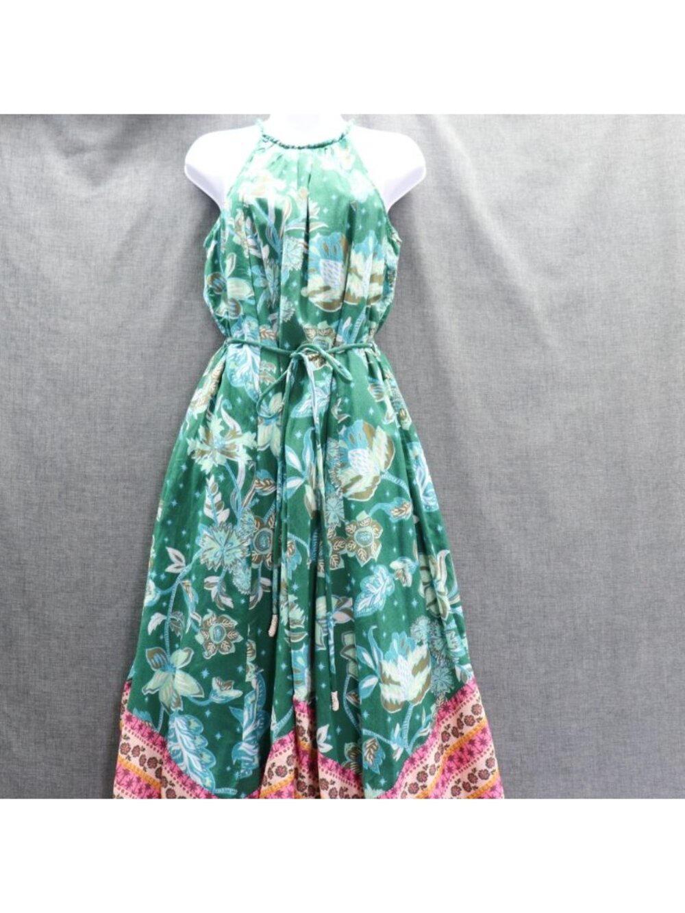 Sundance Teal Floral Maxi Halter Dress XS Handkerchief Boho Viscose Cotton - Picture 9 of 16